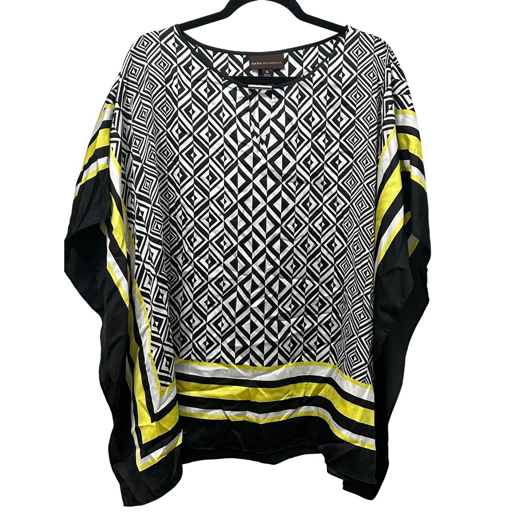 Dana Buchman Women's Geometric Caftan Poncho Blouse Black White Yellow XL
